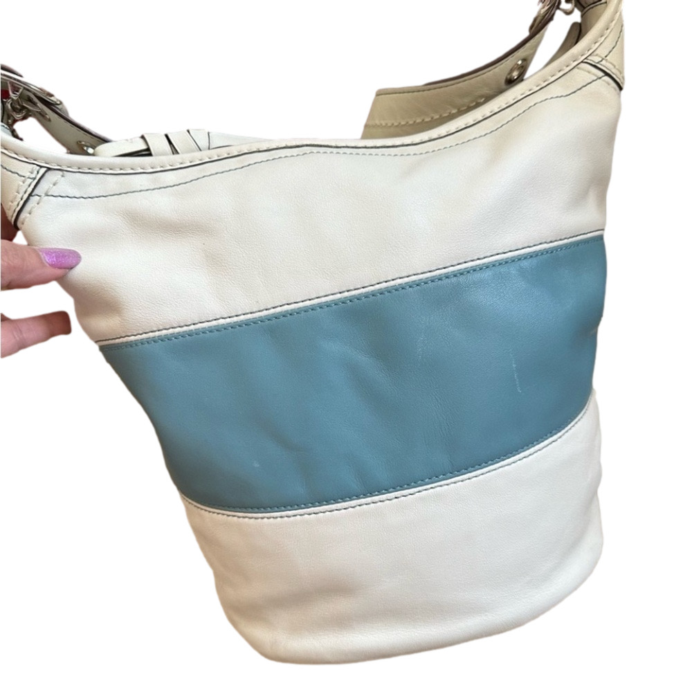 COACH (F13357) Teal & Bone Vintage Bleecker Rugby Tattersall Duffle Bucket Bag